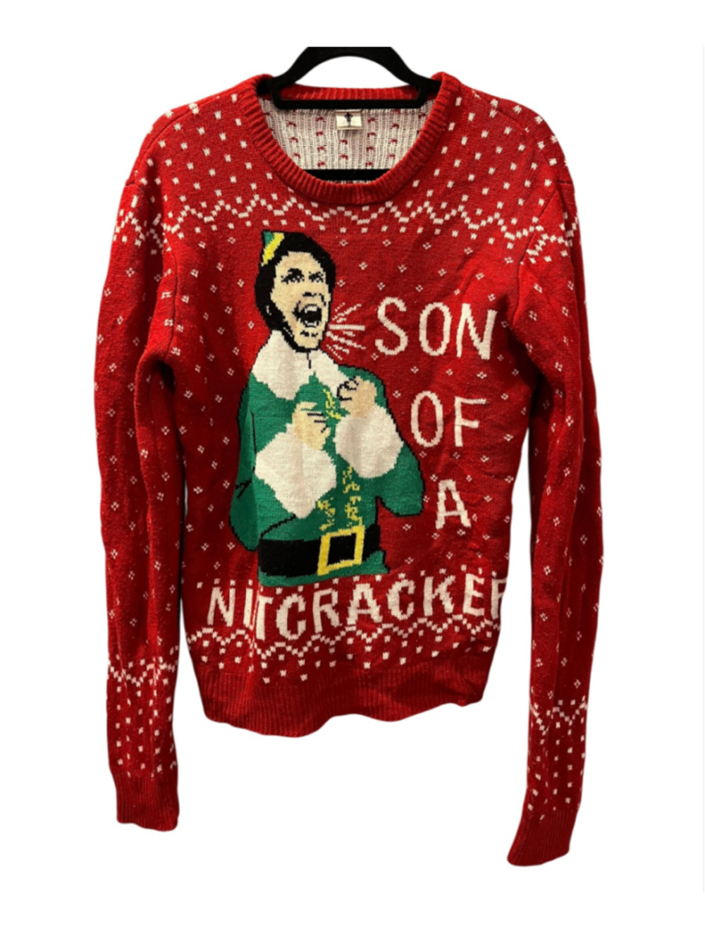 Elf Movie Son Of A Nutcracker Ugly Christmas Knit Sweater Men's Size Medium Red